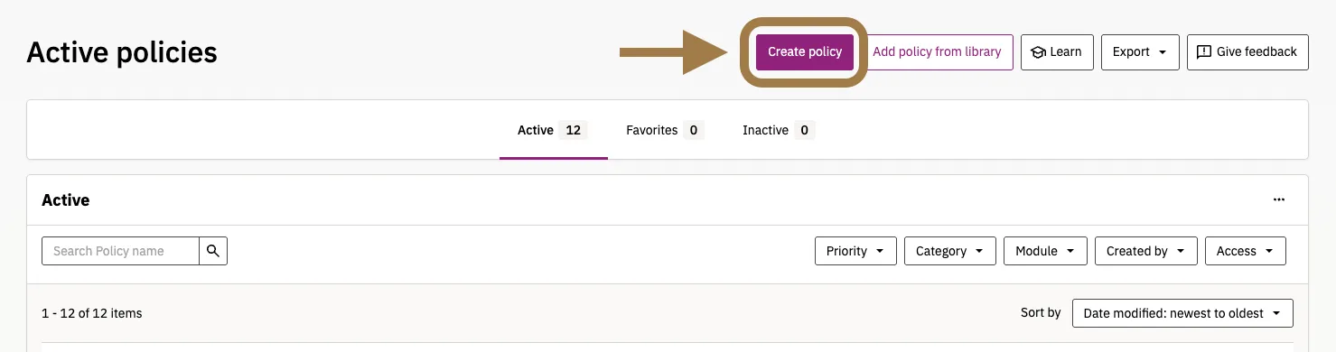 Screenshot on how to create a new policy in Siteimprove
