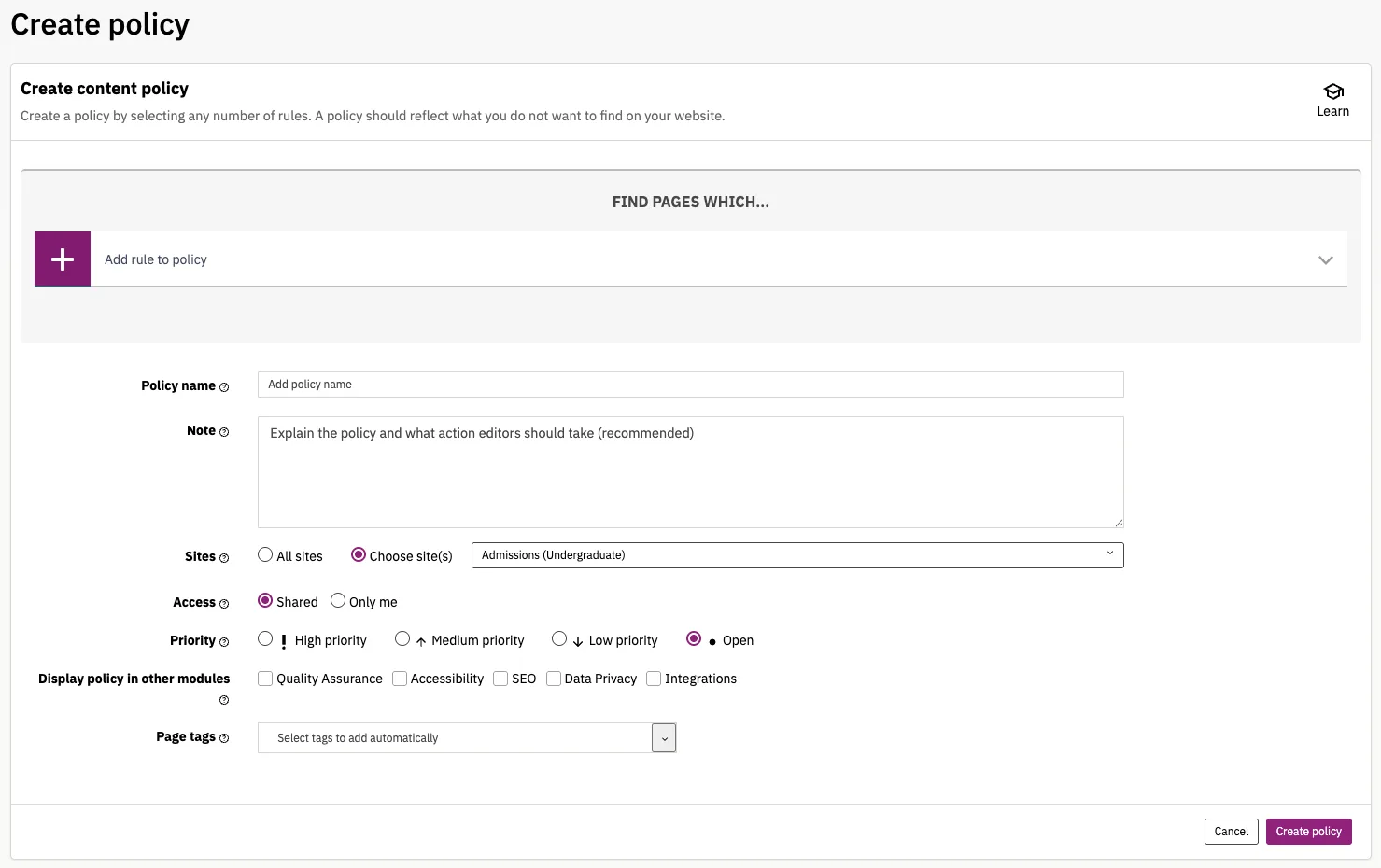 Screenshot of the policy screen where you can create a new policy in Siteimprove.