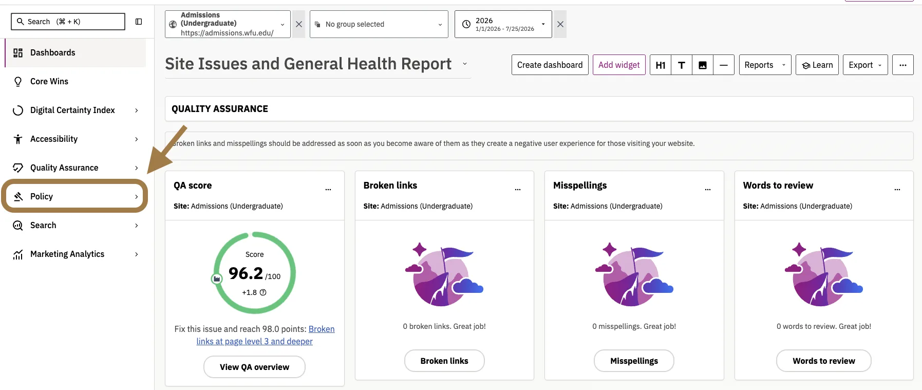 Policy nav link in Siteimprove