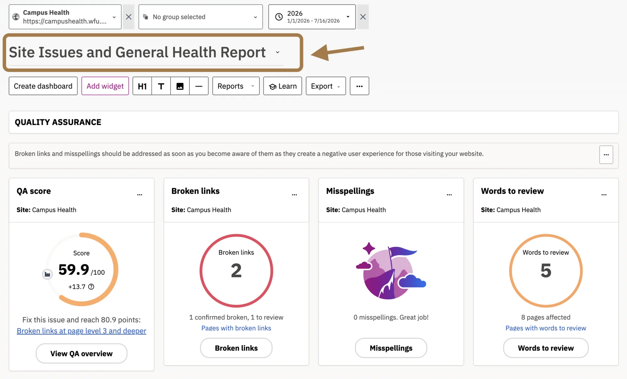Site Issues and General Health Report Dashboard