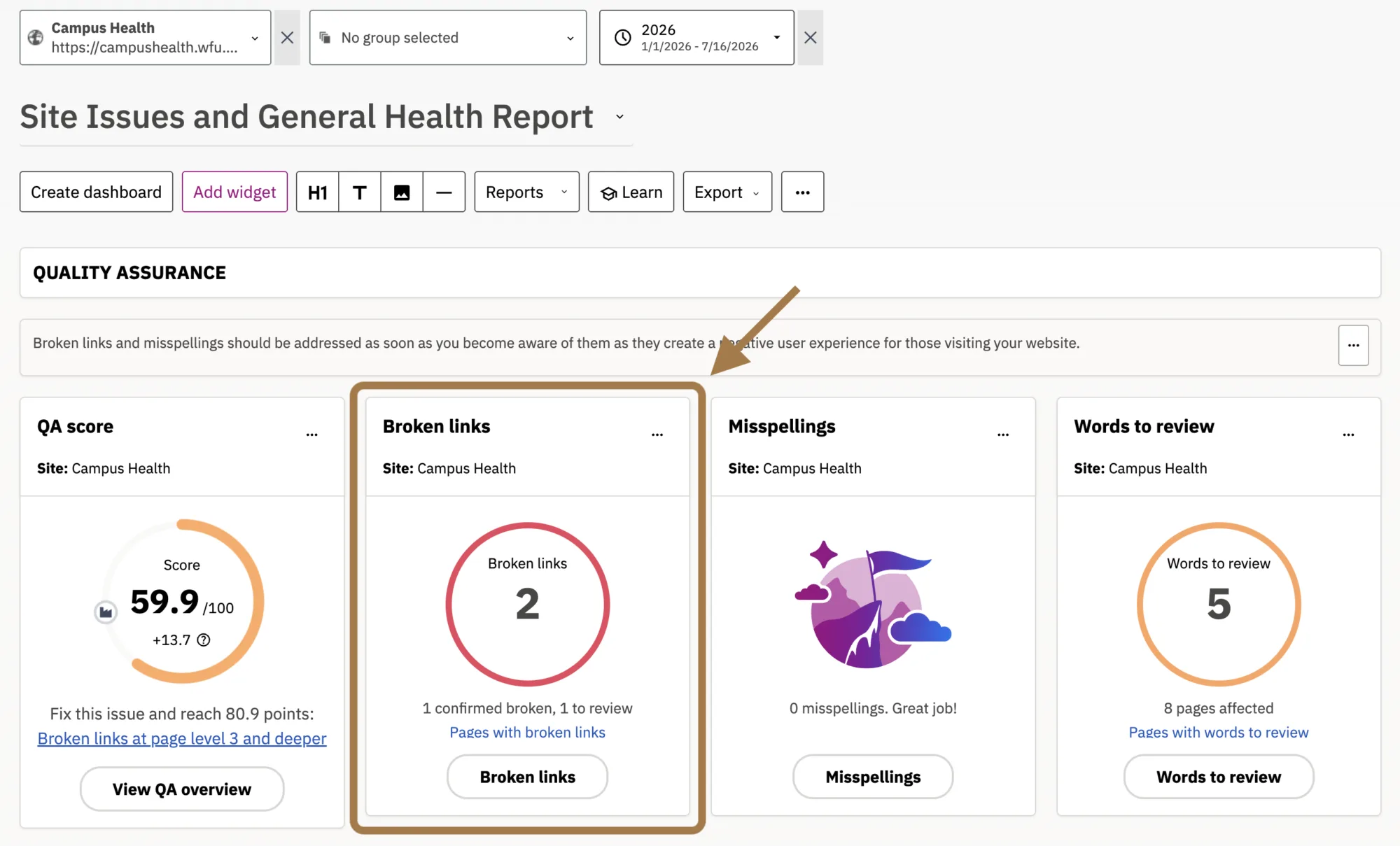 Screenshot indicated where to find the broken links widget on the dashboard