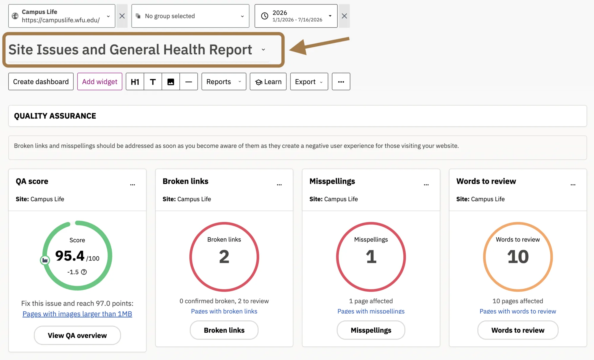 Site Issues and General Health Report Dashboard