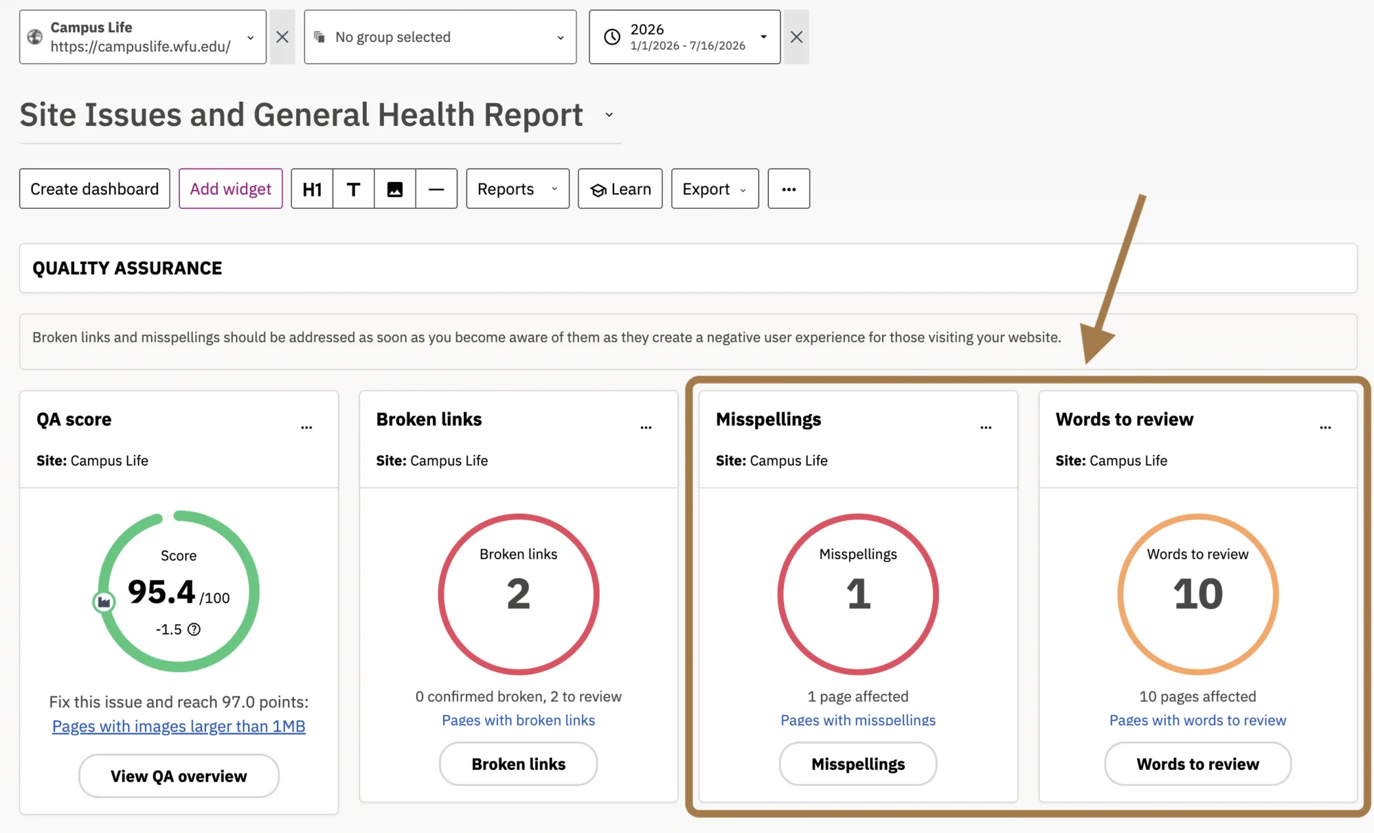 Misspellings and Words to Review Widgets within the dashboard