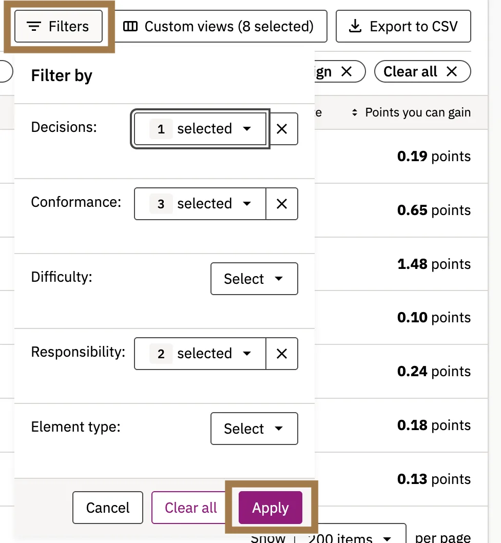 Screenshot that shows how to apply the changes made to Accessibility filters under Issues