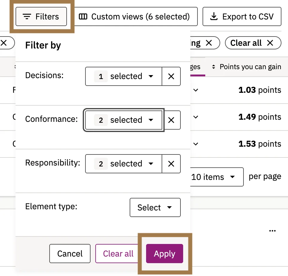 Screenshot that shows how to apply the changes made to Accessibility filters under Potential Issues