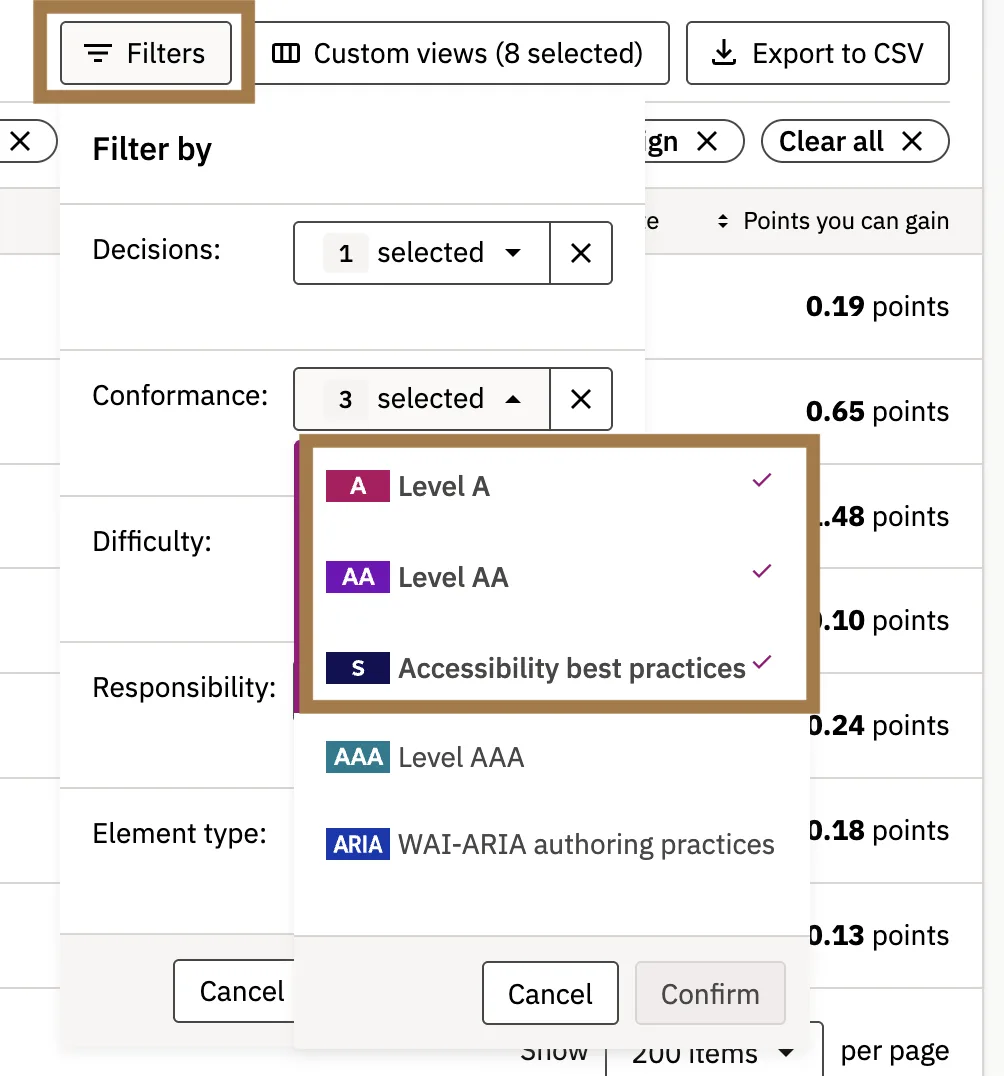Screenshot that shows what Conformance criteria to select in the Filters dropdown under Issues