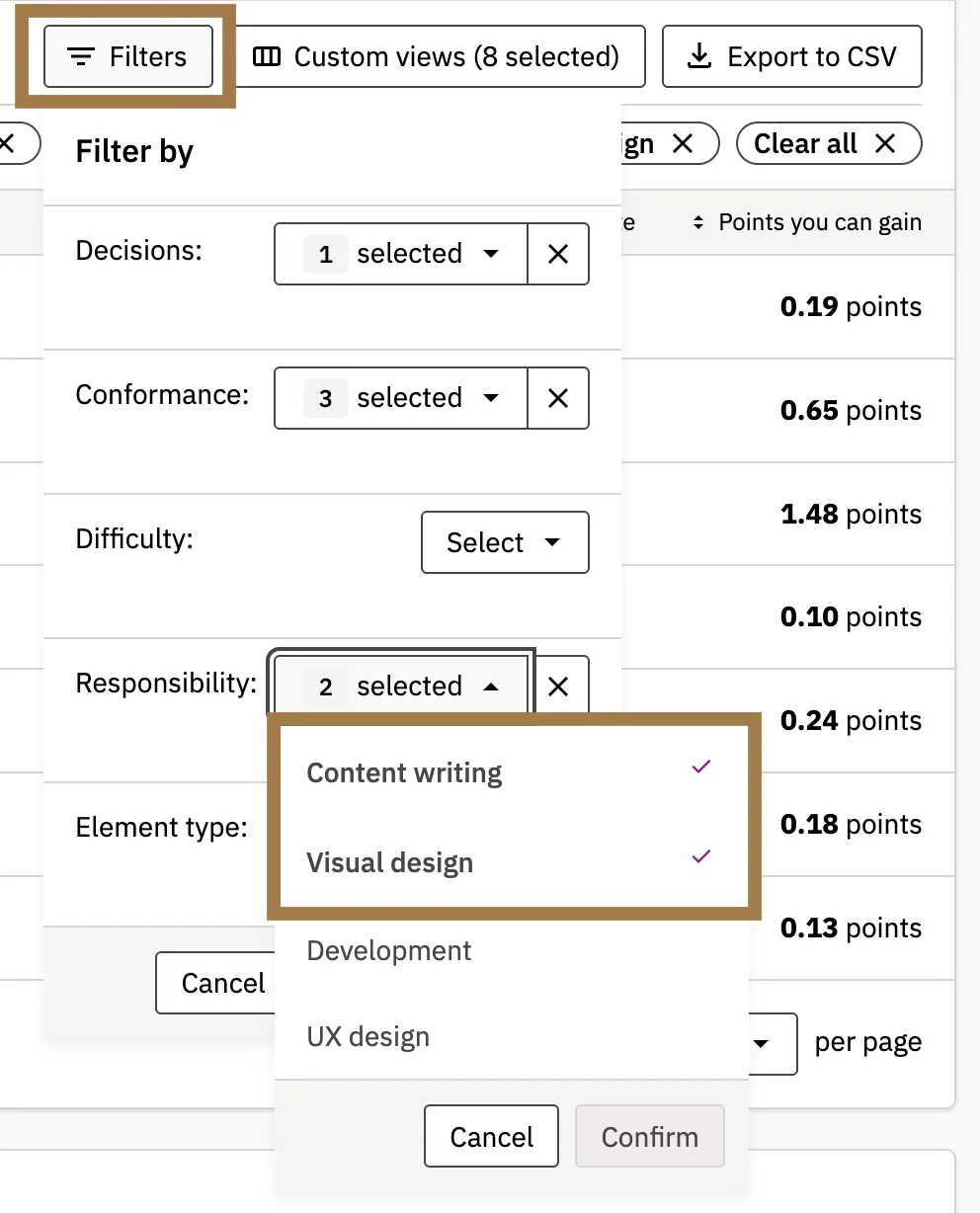 Screenshot that shows what Responsibility criteria to select in the Filters dropdown under Issues