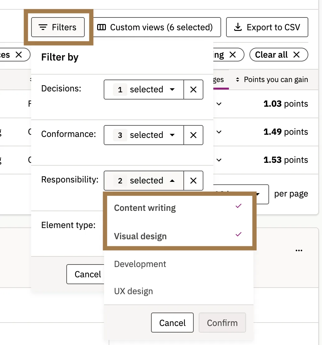 Screenshot that shows what Responsibility criteria to select in the Filters dropdown under Potential Issues