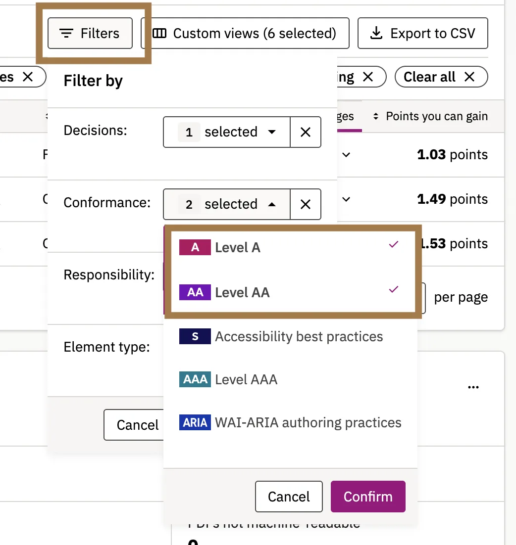 Screenshot that shows what Conformance criteria to select in the Filters dropdown under Potential Issues