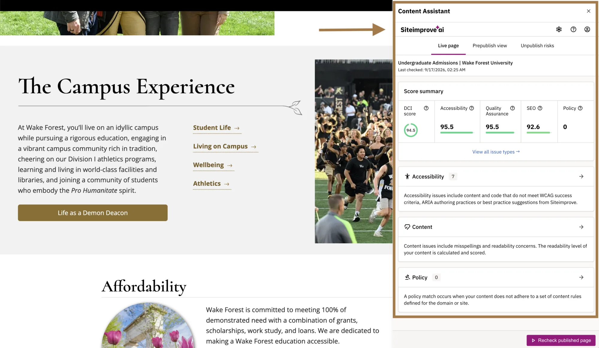 A screenshot of what the Siteimprove WordPress plugin looks like on a WFU website.