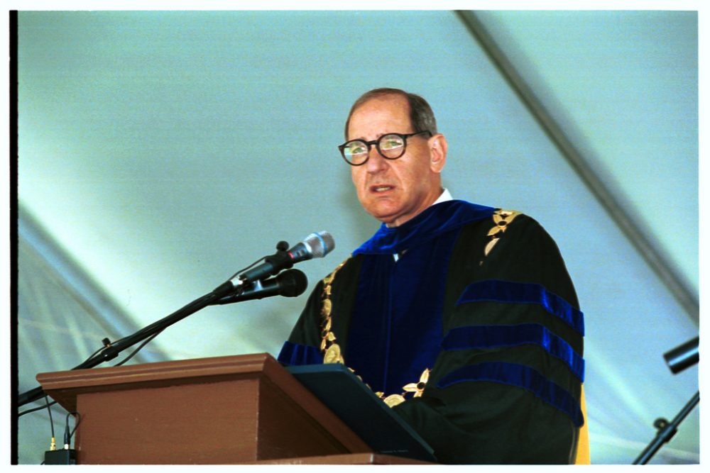 WFU president Thomas K Hearn, Jr., addresses the graduates at commencement 2000.