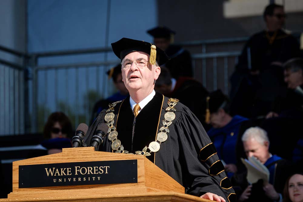 President Nathan O. Hatch gives his welcome and his remarks to the graduates.