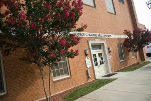 The crepe myrtles are in bloom outside of the student health building on the campus of Wake Forest University.