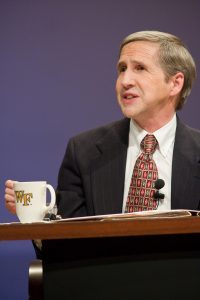 Wake Forest University hosts the conference, College of the Overwhelmed, part of the Voices of Our Time series, in Brendle Recital Hall on Monday, April 7, 2008. Samuel T. Gladding, chair and professor in the Department of Counseling at Wake Forest, moderates the discussion forum.