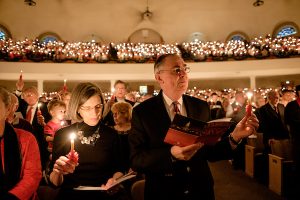 Wake Forest University hosts its 51st annual Moravian Lovefeast holiday celebration in Wait Chapel on Sunday, December 6, 2015. President Nathan O. Hatch and his wife, Julie, attend the service.