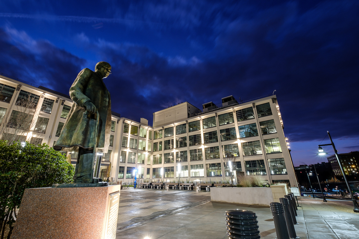 An exterior view of the new Wake Downtown classroom and research space in a former tobacco manufacturing facility in downtown Winston-Salem, before sunrise on Friday, January 13, 2017.