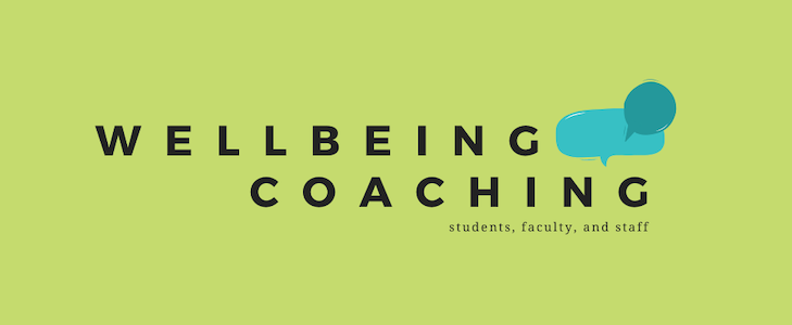 Green background with black text that says "Wellbeing Coaching: students, faculty and staff"