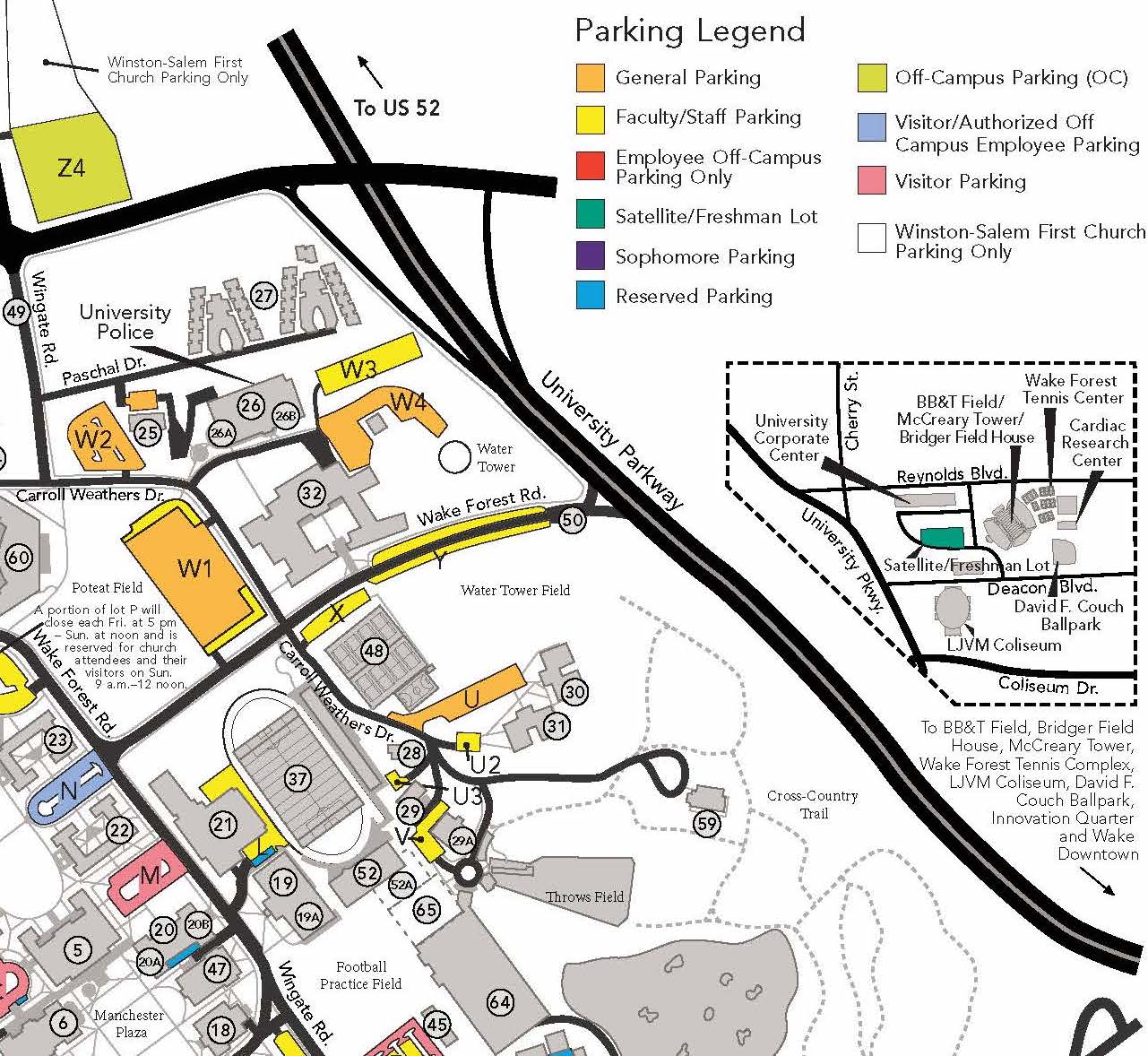 Campus parking map showing parking lots X and W1