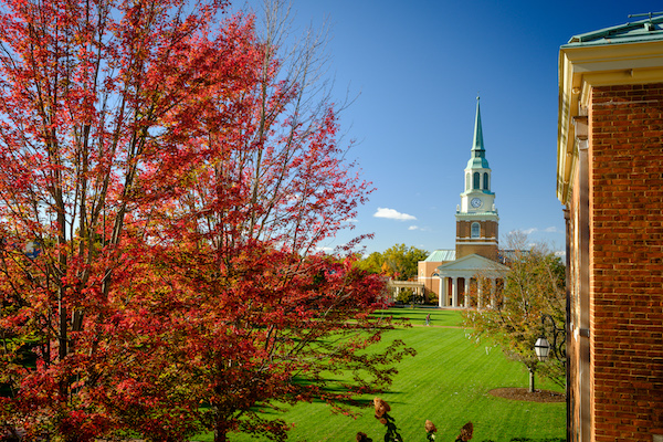 Hearn Plaza and Wait Chapel framed by fall leaves