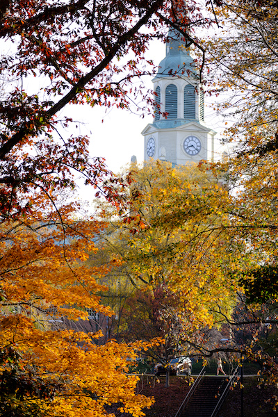 Bell tower of Wait Chapel above fall leaves