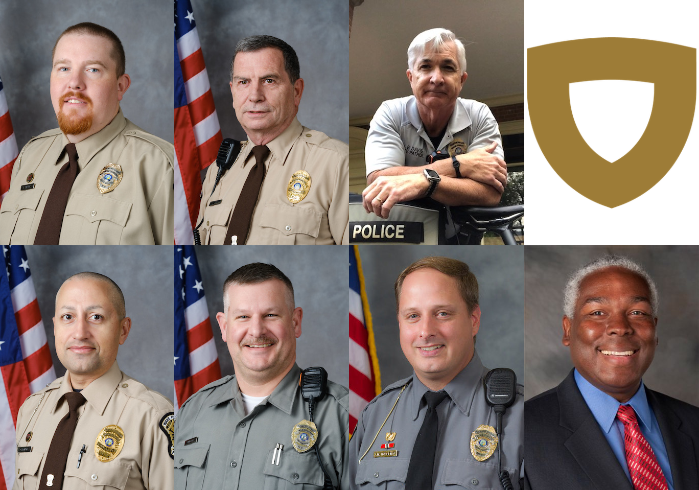 Two rows of headshots, showing WFU University Police Department staff Thomas Harris, John Smith, J.B. Davis, Chris Batista, Paul Hudson, Jeff Holleman and Chauncey Bowers, with the UPD logo in the top right corner