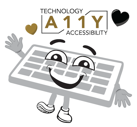 Animated keyboard and animated web browser holding hands with the A11Y logo above their heads surrounded by hearts