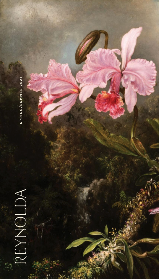 Cover of Reynolda spring/summer 2021 guide with painting of two pink flowers and "Reynolda" in white letters