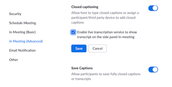 A screenshot of the zoom.wfu.edu settings screen, with "closed captioning," "enable live transcription service to show transcript on the side panel in-meeting" and "save captions" enabled