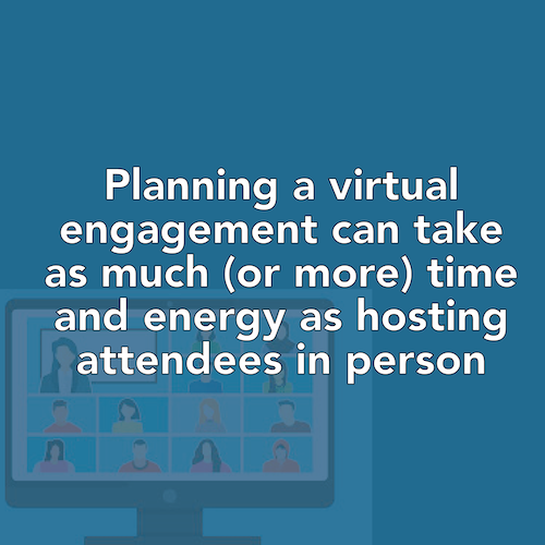 Blue background with stylized image of a monitor showing Zoom gallery view. White text over the image says "Planning a virtual engagement can take as much (or more) time and energy as hosting attendees in person."