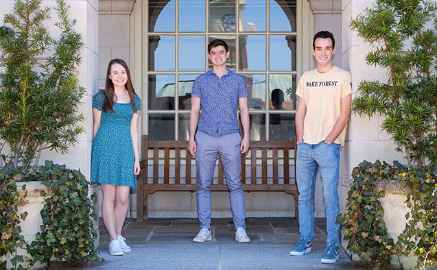 Photo of three Wake Forest students who have been named 2021 Goldwater Scholars: Ashley Peake, Joseph McCalmon, and Samuel Schwartz
