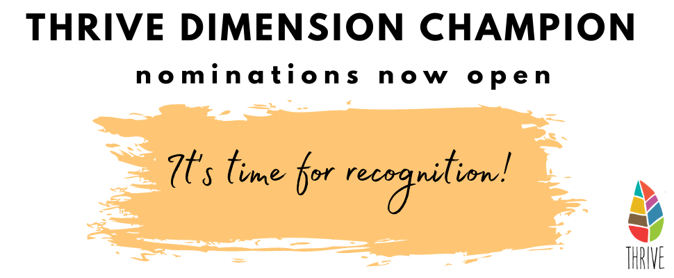 Banner with the Wake Forest "Thrive" logo of a multi-colored leaf. Additional text says "Thrive Dimension Champion nominations now open: It's time for recognition!"