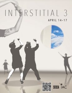 Informational flyer for "Interstital 3" exhibition at SECCA on April 14-17