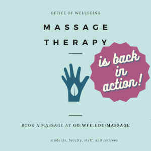 Flier for the Office of Wellbeing's Massage Therapy program, that says "Massage Therapy is back in action" and shows a hand with a leaf in the middle