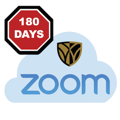 A cloud with the Wake Forest University shield logo and the word "Zoom" beside a stop sign that says "180 days"