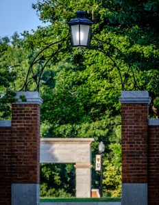 Stone arch marking the entrance to Hearn Plaza on the campus of Wake Forest University