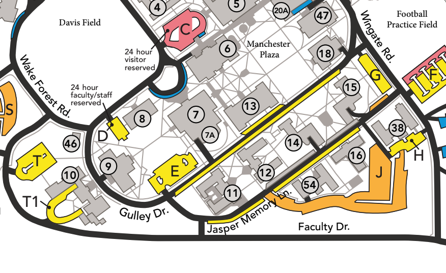 Close-up screenshot of the Wake Forest University campus parking map, showing the location of Gulley Drive and parking lots E and G at either end of the road