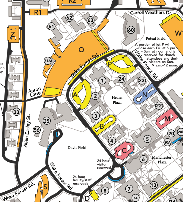 Wake Forest University parking map showing the Allen Easley entrance and Carroll Weathers entrance to lot Q