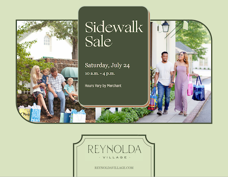 2021 Reynolda Village sidewalk sale flyer with the text "Sidewalk Sale: Saturday, July 24, 10 a.m. to 4 p.m." with the Village logo and two photos of families shopping