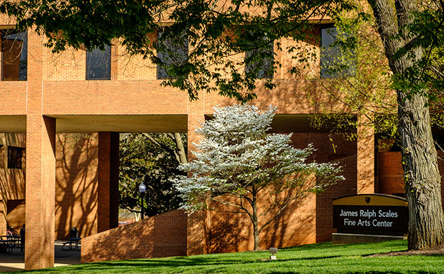Photo of a flowers dogwood tree next to the James Ralph Scales Fine Arts Center building on the Wake Forest University campus