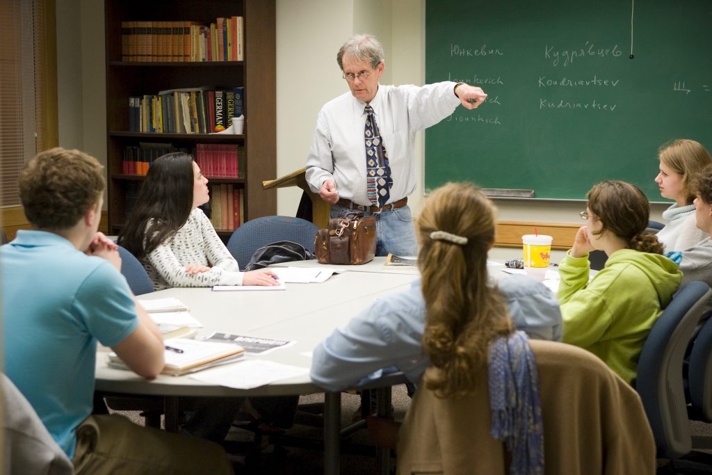 Wake Forest University professor Dr. Billy Hamilton teaches his Russian grammar class in Greene Hall on Wednesday, February 21, 2007.