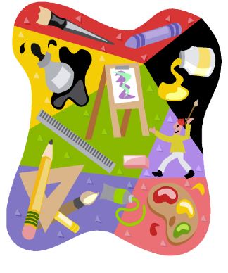 Artisans' Fair logo with cartoon paints, ink, pencils, and other crafting items