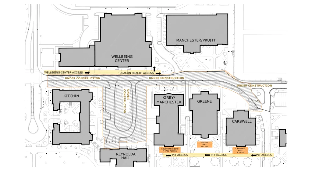 highlighted walkway in front of Wellbeing Center and Deacon Health