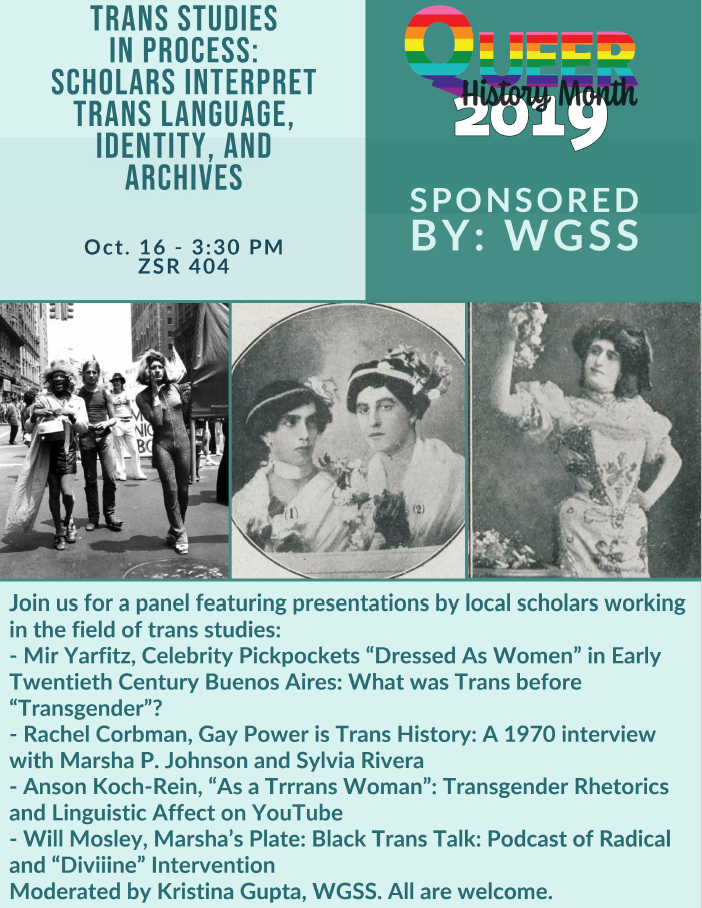 Flyer for Trans Studies Panel held October 2019 as part of Queer History Month