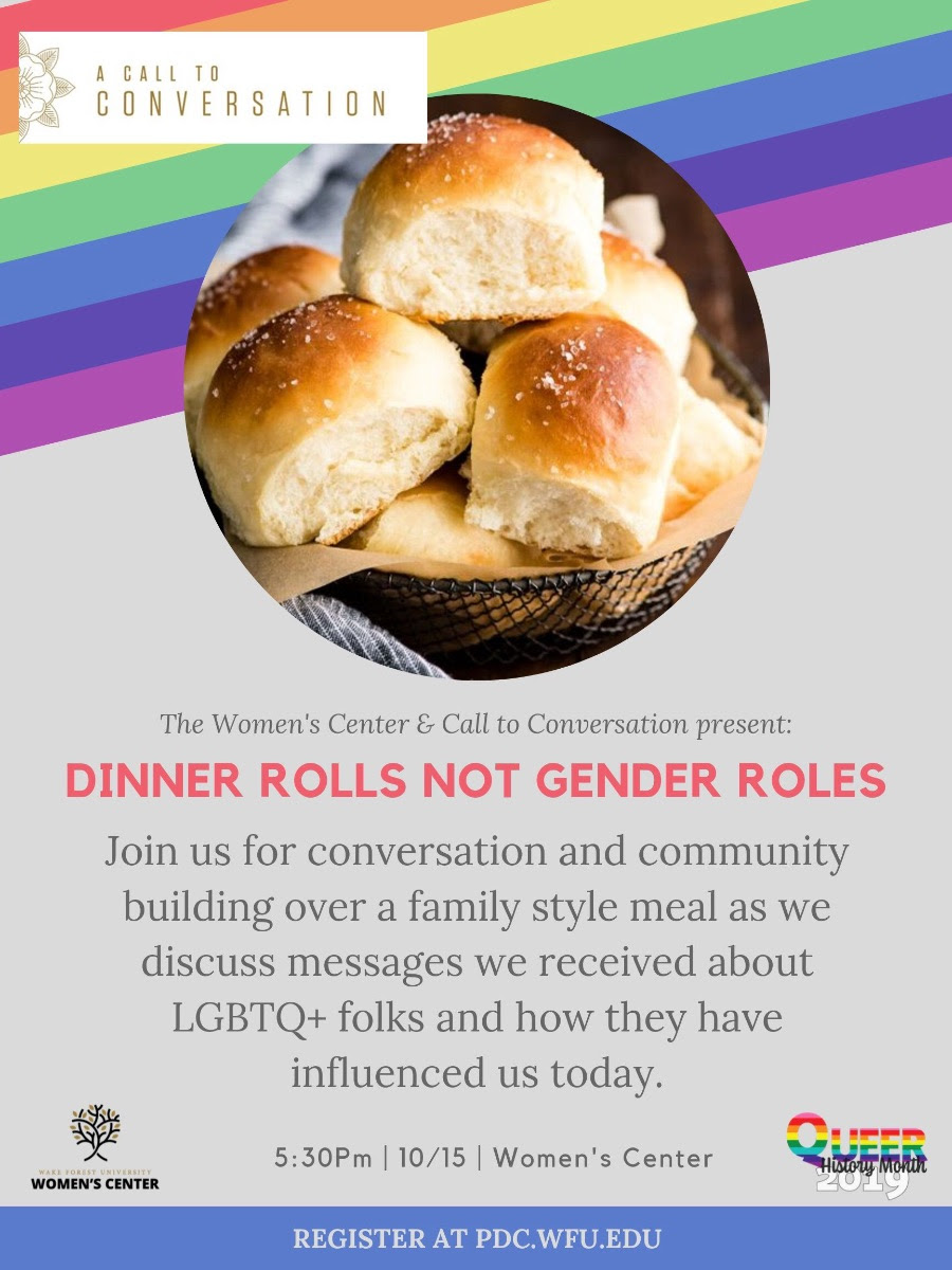 Flyer for Dinner Rolls not Gender Roles Call to Conversation held October 2019