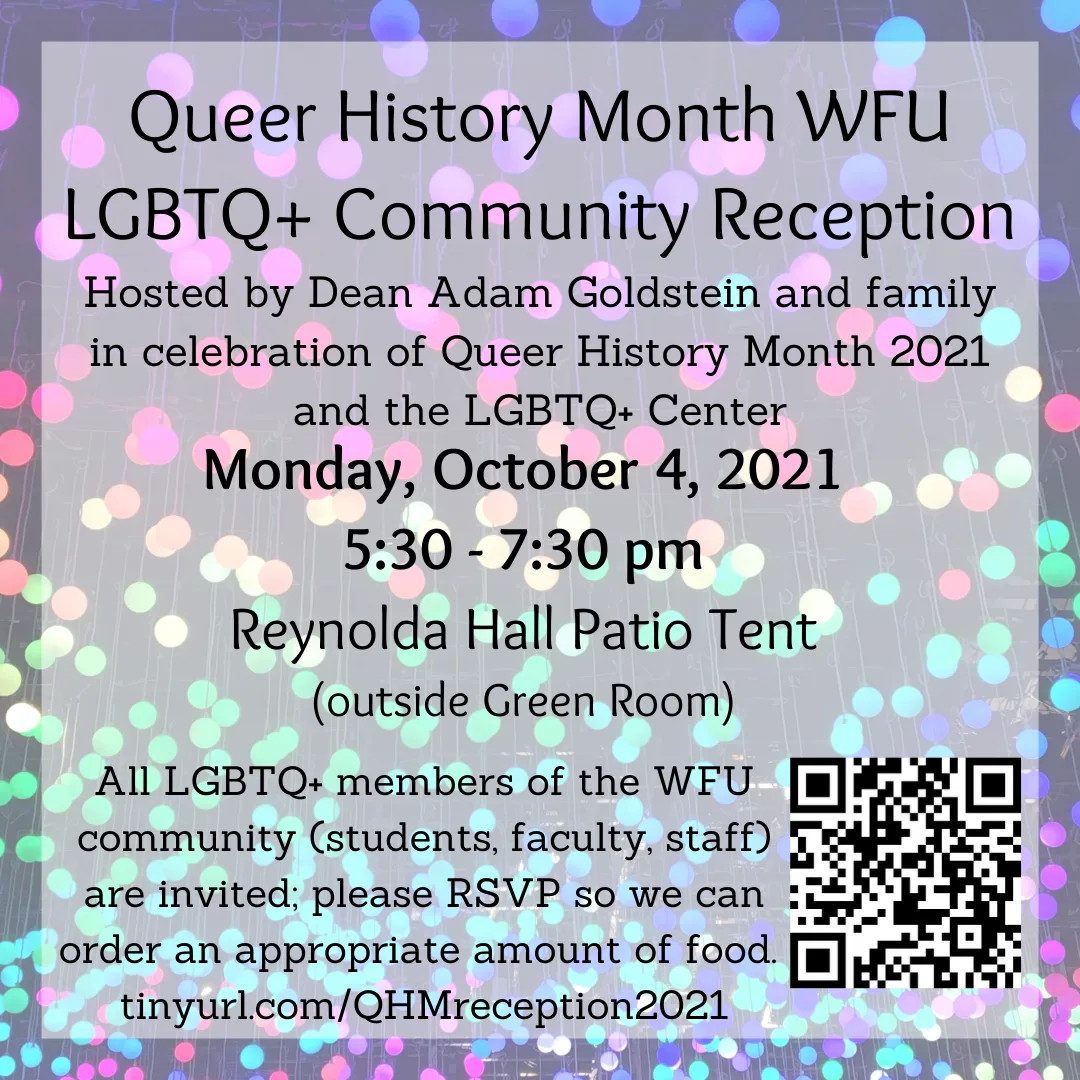 Decorative flyer for Queer History Month LGBTQ+ Community Reception, details in text below.