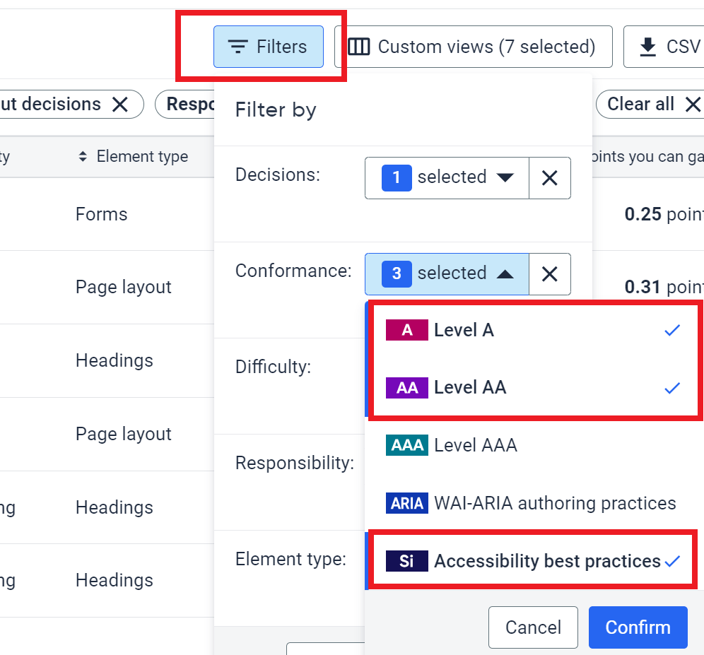 Filter for Conformance showing A, AA, and Si (accessibility best practices) selected