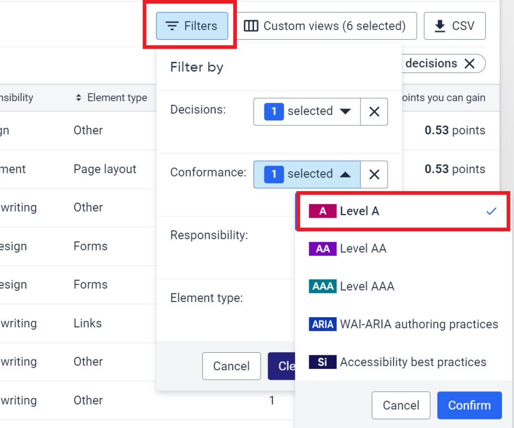 Filter for Conformance showing A selected