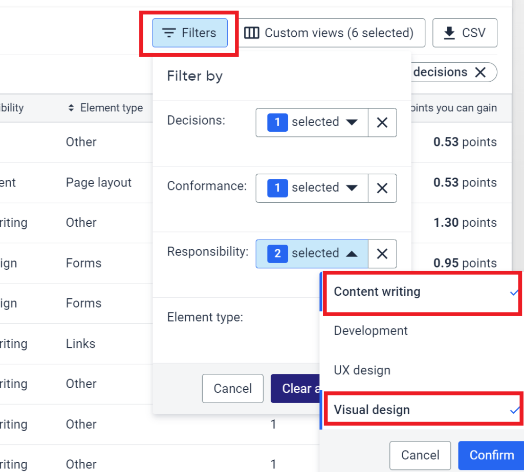 Filter for Responsibility showing Content Writing and Visual Design selected